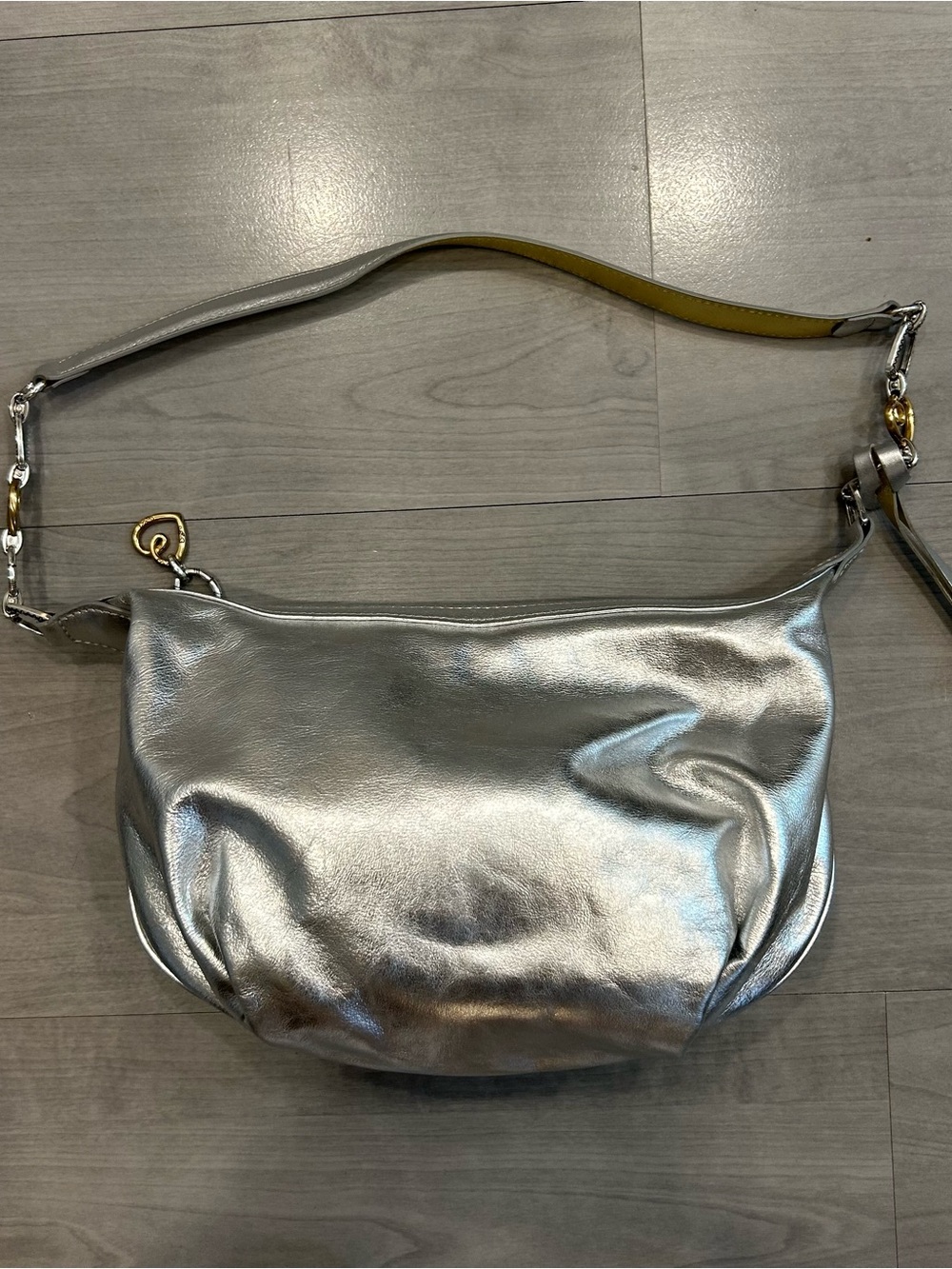 Brighton Metallic Silver Leather Shoulder Bag Hobo Purse Heart Hardware Charm